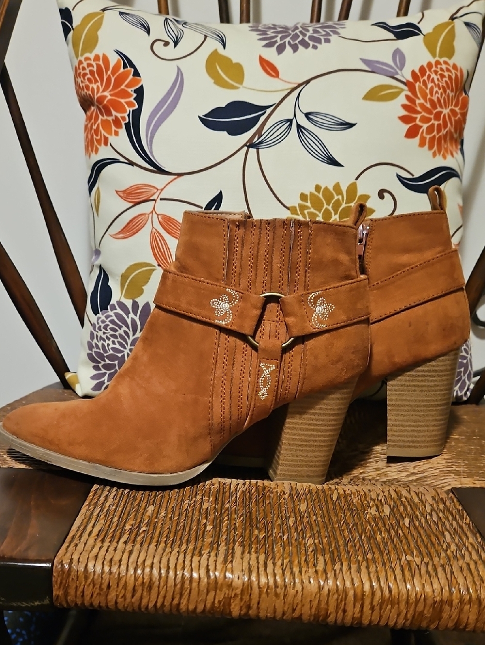 Qupid Rust Suede Ankle Booties with Stacked Heel